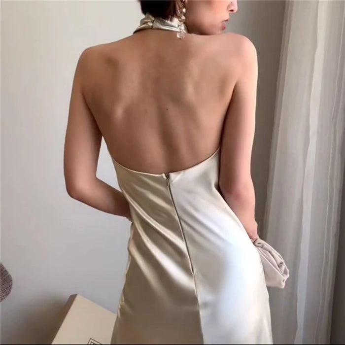 Summer dress off shoulder maxi dress beige womens clothing sleeveless long dress halter women dress vestidos party