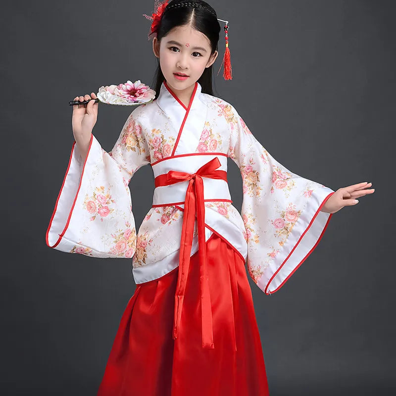 Children's clothing dresses, Chinese silk robes, girls' kimonos, Chinese traditional retro ethnic students' choir and dance cos