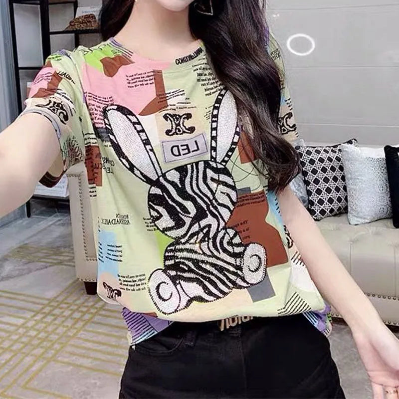Casual Korean Printed Spliced Short Sleeve T-shirt