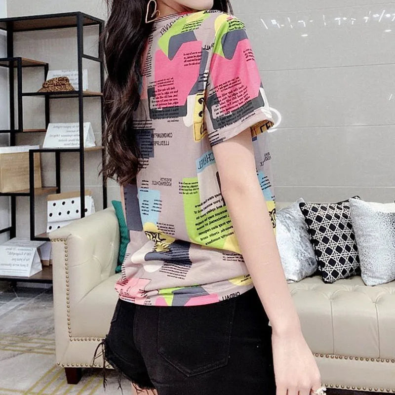 Casual Korean Printed Spliced Short Sleeve T-shirt
