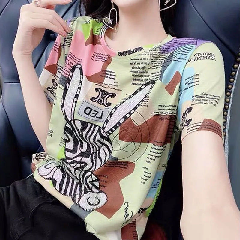Casual Korean Printed Spliced Short Sleeve T-shirt