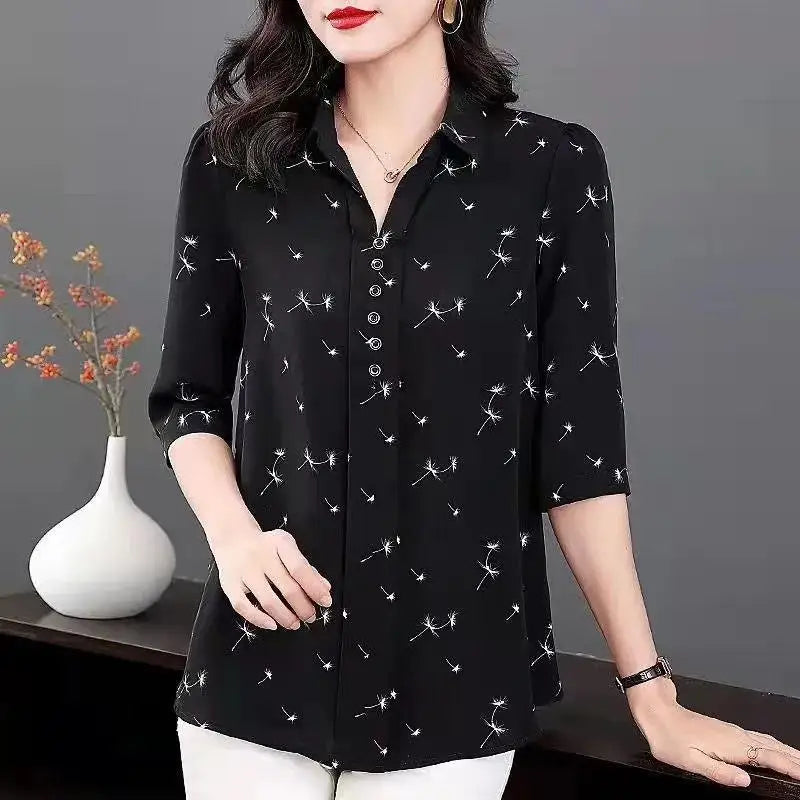 Summer Women's Clothing Button Spliced Casual Polo-Neck Printed Tops