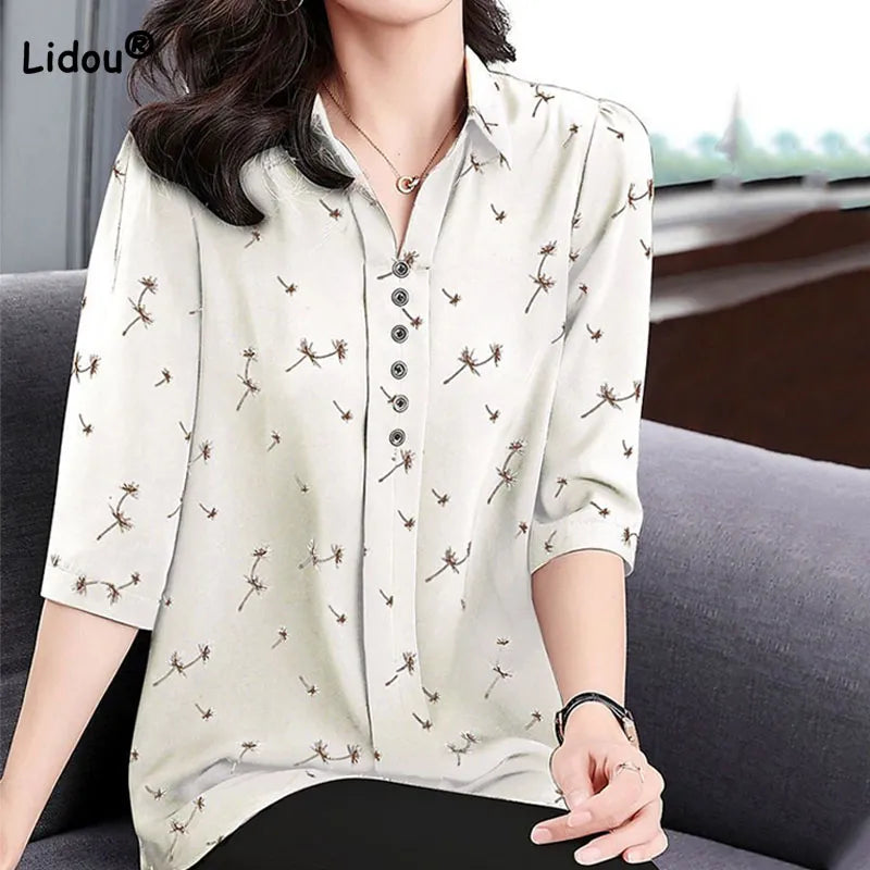 Summer Women's Clothing Button Spliced Casual Polo-Neck Printed Tops