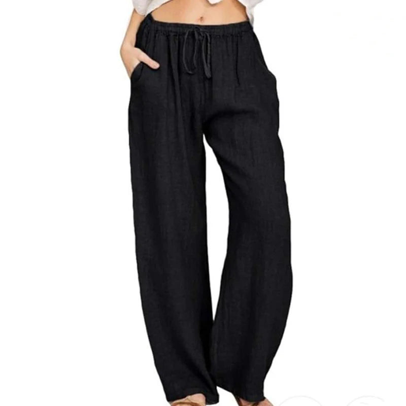Urban Leisure Big Size Women Pants Solid Loose Linen Pants Women Clothing Drawstring Wide Leg   Pants Women Streetwear