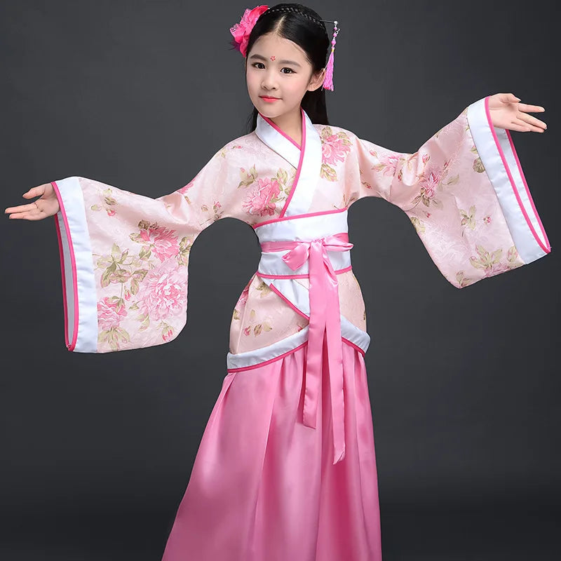 Children's clothing dresses, Chinese silk robes, girls' kimonos, Chinese traditional retro ethnic students' choir and dance cos