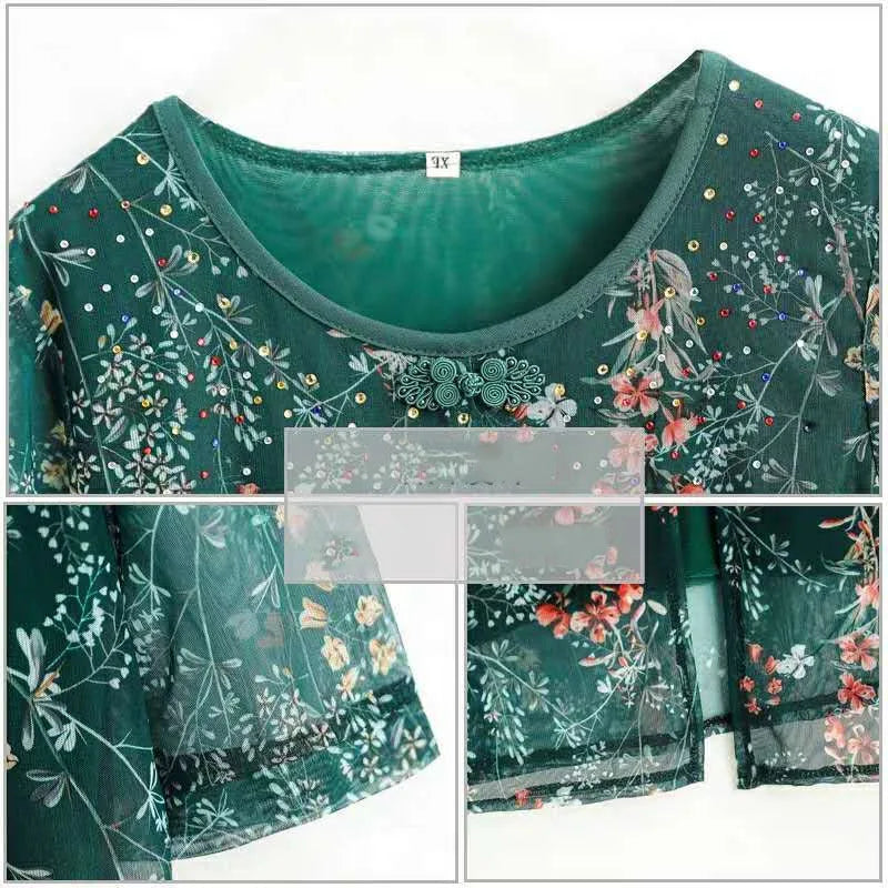 Vintage Floral Print Chiffon Half Sleeve T-shirt