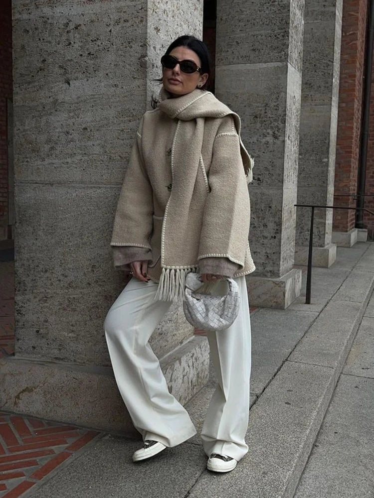 Women's Coat With Scarf Coats Female Loose Long Sleeve Single Breasted Coat 2023 Fashion Autumn Cashmere Lady Jacket