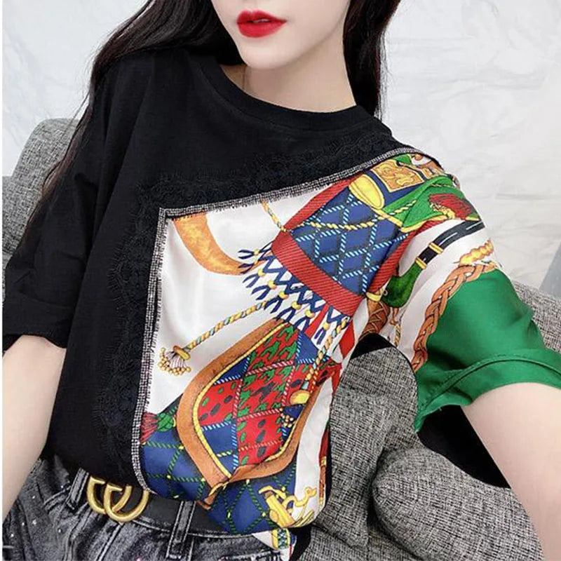 Fashion All-match Round Neck Patchwork Design Casual Korean