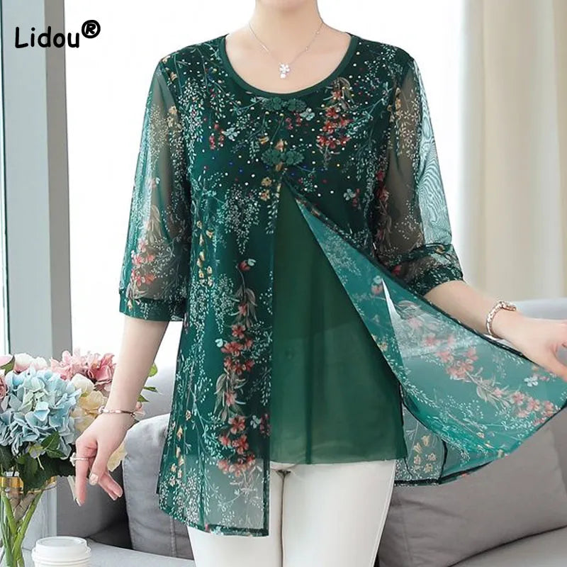 Vintage Floral Print Chiffon Half Sleeve T-shirt