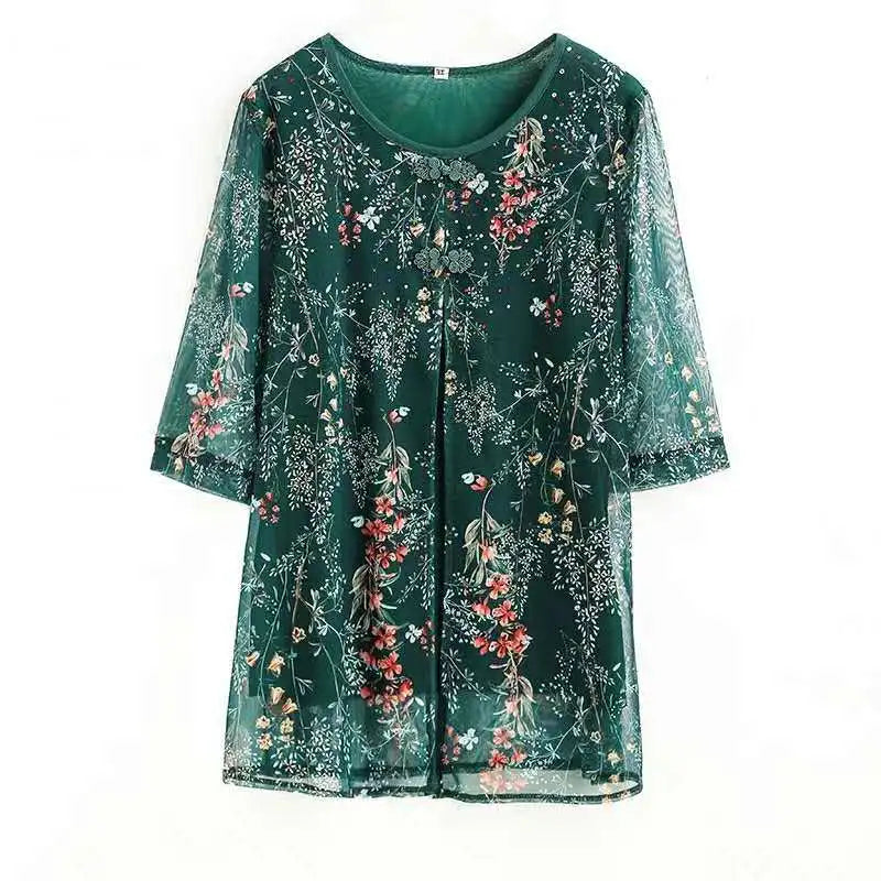Vintage Floral Print Chiffon Half Sleeve T-shirt