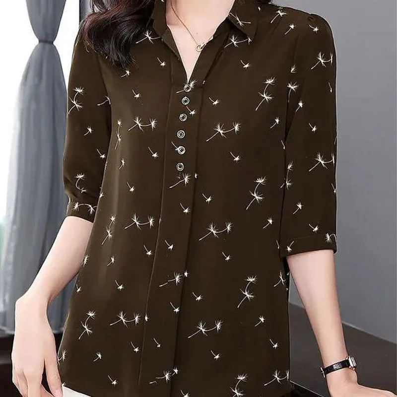 Summer Women's Clothing Button Spliced Casual Polo-Neck Printed Tops