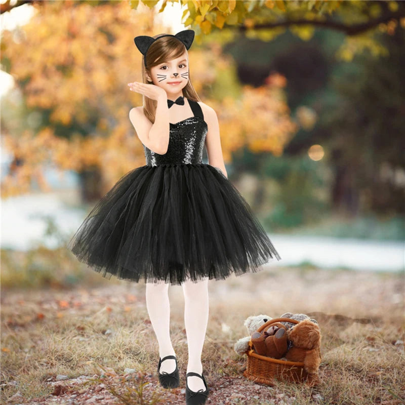 New Tutu Skirt Set Children's Clothing Animal Cos Elk Halloween Clothing Little Cat Mesh Girls' Dress School Performance Dress