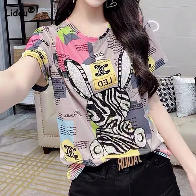 Casual Korean Printed Spliced Short Sleeve T-shirt