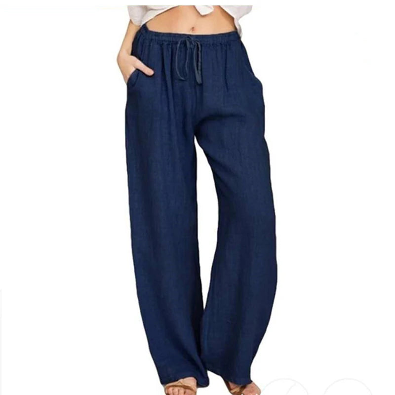 Urban Leisure Big Size Women Pants Solid Loose Linen Pants Women Clothing Drawstring Wide Leg   Pants Women Streetwear