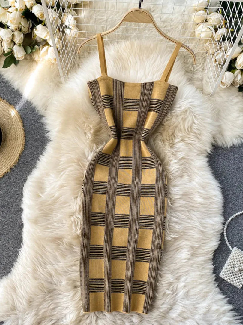 Women knit two piece set plaid print spaghetti strap bodycon mini dress and long sleeve knit cardigan suits womens clothing sets