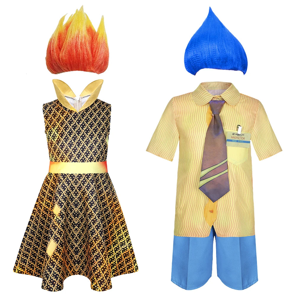 New Movie Elemental Girls Flame Amber Dress Up Halloween Boys Water Wade Cosplay Costume Kids Fire Wig Party High Collar Dresses