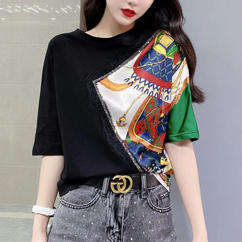 Fashion All-match Round Neck Patchwork Design Casual Korean